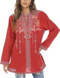 Camiseta Bohemio Bordada Campesino - Estilo Hippie en Rojo