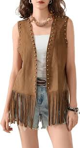 Chaleco Flecos Vaquera Sintético - Estilo Hippi para Mujer