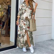 Vestido Hippie Largo con Dobladillo Irregular y Botones Maxi