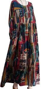 Vestido Hippie Oversize de Algodón con Bolsillos Vintage