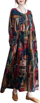 Vestido Hippie Oversize de Algodón con Bolsillos Vintage