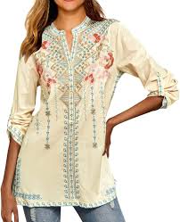 Camisa de Algodón Bordada para Mujer - Estilo Hippie Verano Beige