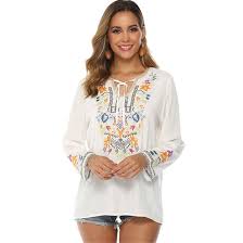 Blusa Bordado Floral Blanco de Algodón para Mujer - Estilo Hippie