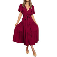 Vestido Rojo Hippie Chic para Playa con Volantes