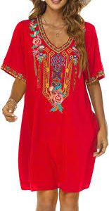 Vestido Rojo Hippie Chic Drakloak Mexicano para Vacaciones