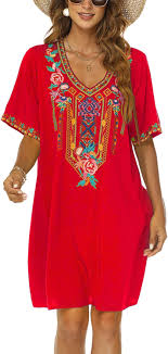 Vestido Rojo Hippie Chic Drakloak Mexicano para Vacaciones