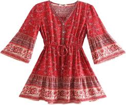 Vestido Rojo Hippie Chic - Vintage Estampado Bohemio