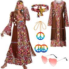 Disfraz Vestido Hippie Años 60 con Accesorios Incluidos