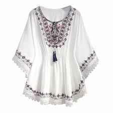 Camisa Hippie Mujer Bohemia Bohemio Campesino Bordada con Volantes