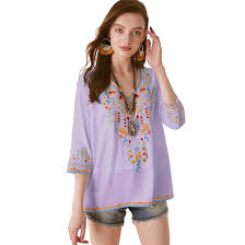 Camisa Hippie Mujer Bordado Floral Vintage Étnica
