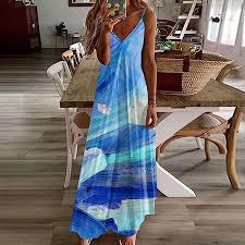 Vestido Largo Estampado Floral Degradado en Tonos Azules