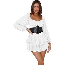 Minivestido Renacentista IMEKIS para Halloween - Estilo Hippie Blanco con Cinturón de Cuero